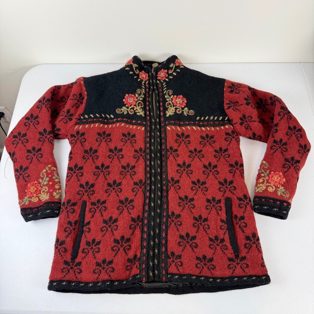 2000s Icelandic Design Women's M Red Black Wool Fair Isle Embroidered Jacket